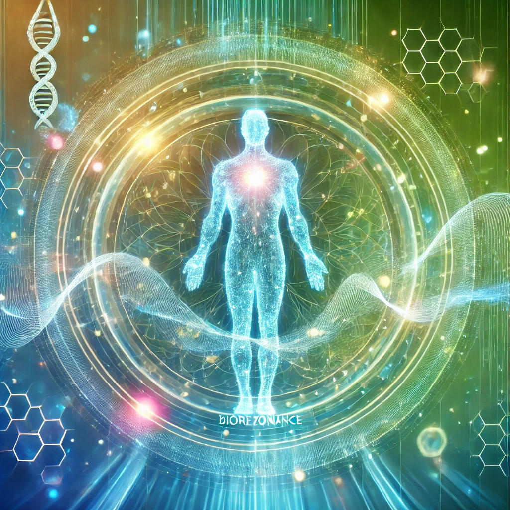 dall·e 2025 03 07 20.53.46 a futuristic wellness concept featuring a glowing human silhouette surrounded by energy waves and light particles, representing biorezonance. the back
